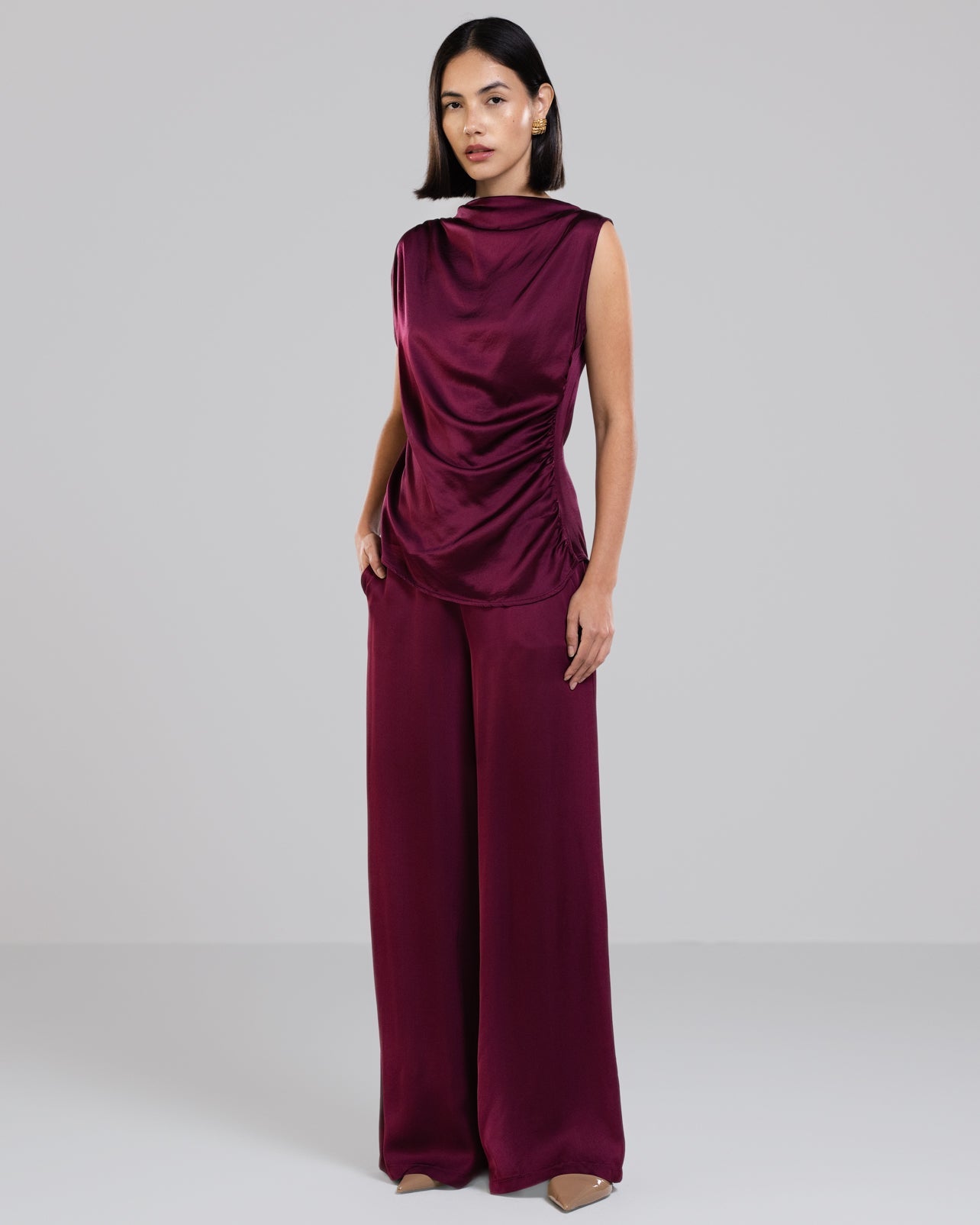 Allegra Draped Satin Sleeveless Top | Burgundy