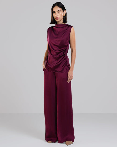 Allegra Draped Satin Sleeveless Top | Burgundy