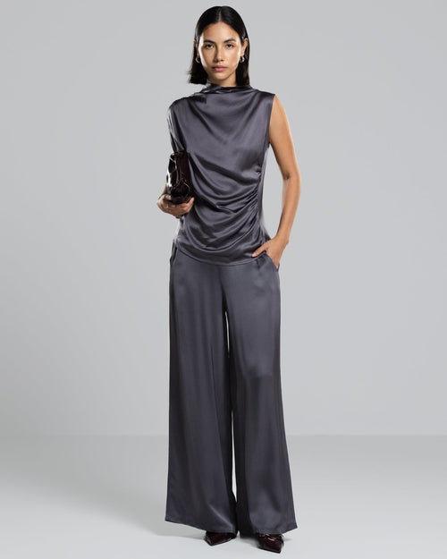 Allegra Draped Satin Sleeveless Top | Charcoal