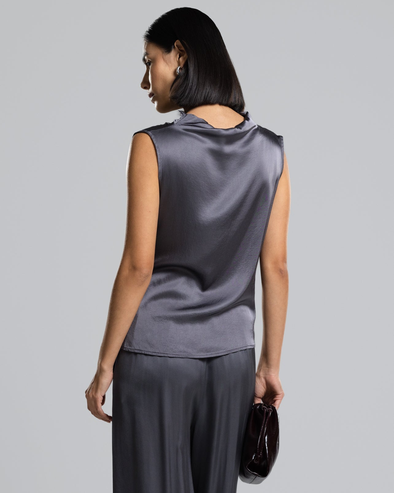Allegra Draped Satin Sleeveless Top | Charcoal