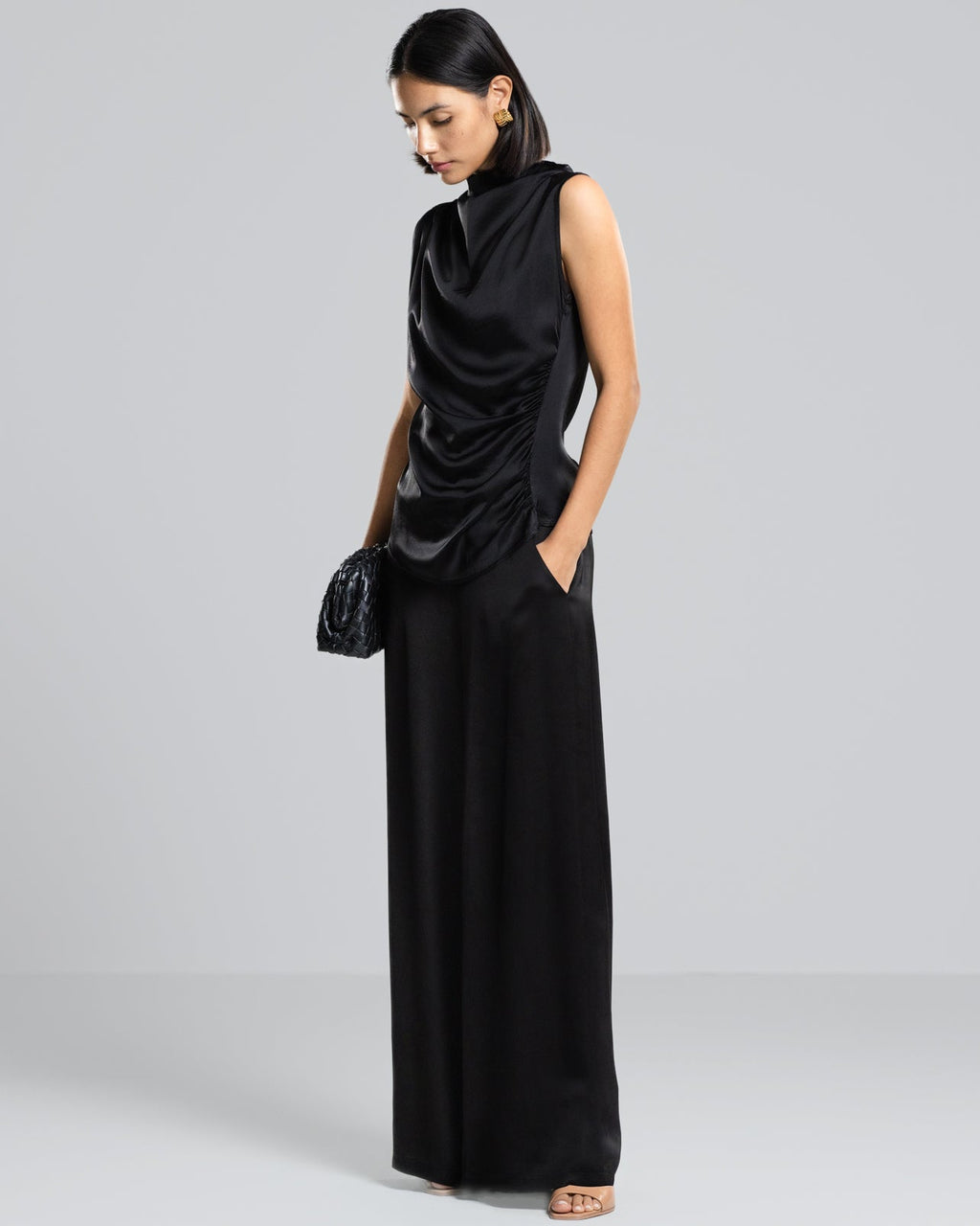 Allegra Draped Satin Sleeveless Top | Black