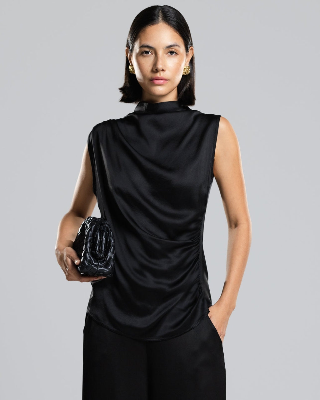 Allegra Draped Satin Sleeveless Top | Black