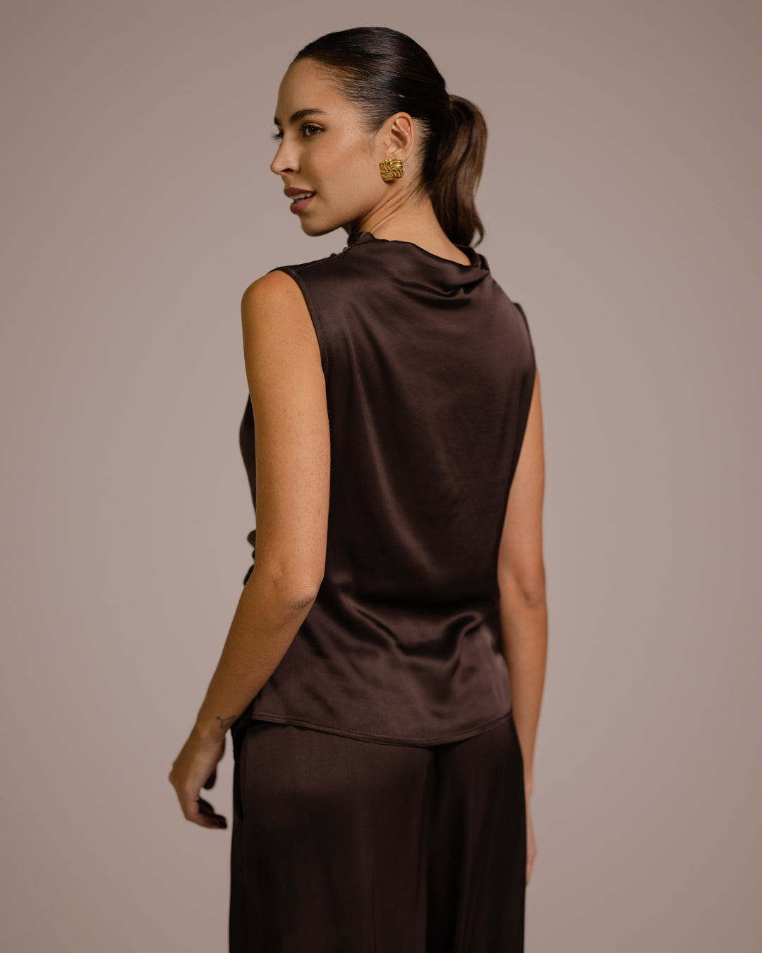 Allegra Draped Satin Sleeveless Top | Espresso Brown