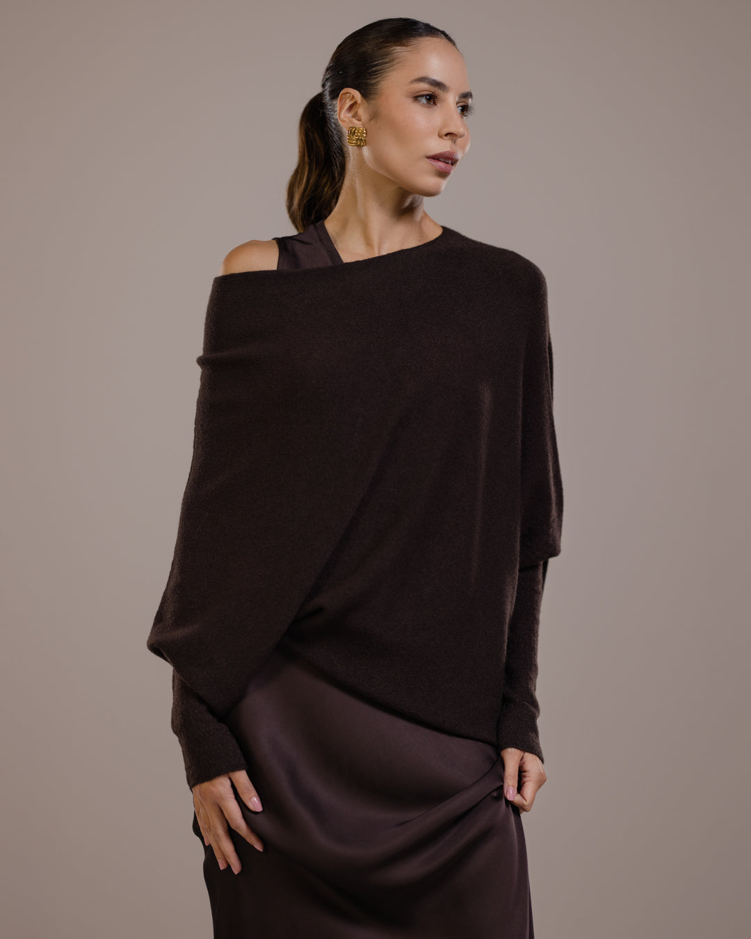 Asymmetric Draped | Espresso Brown | Seamless Knit