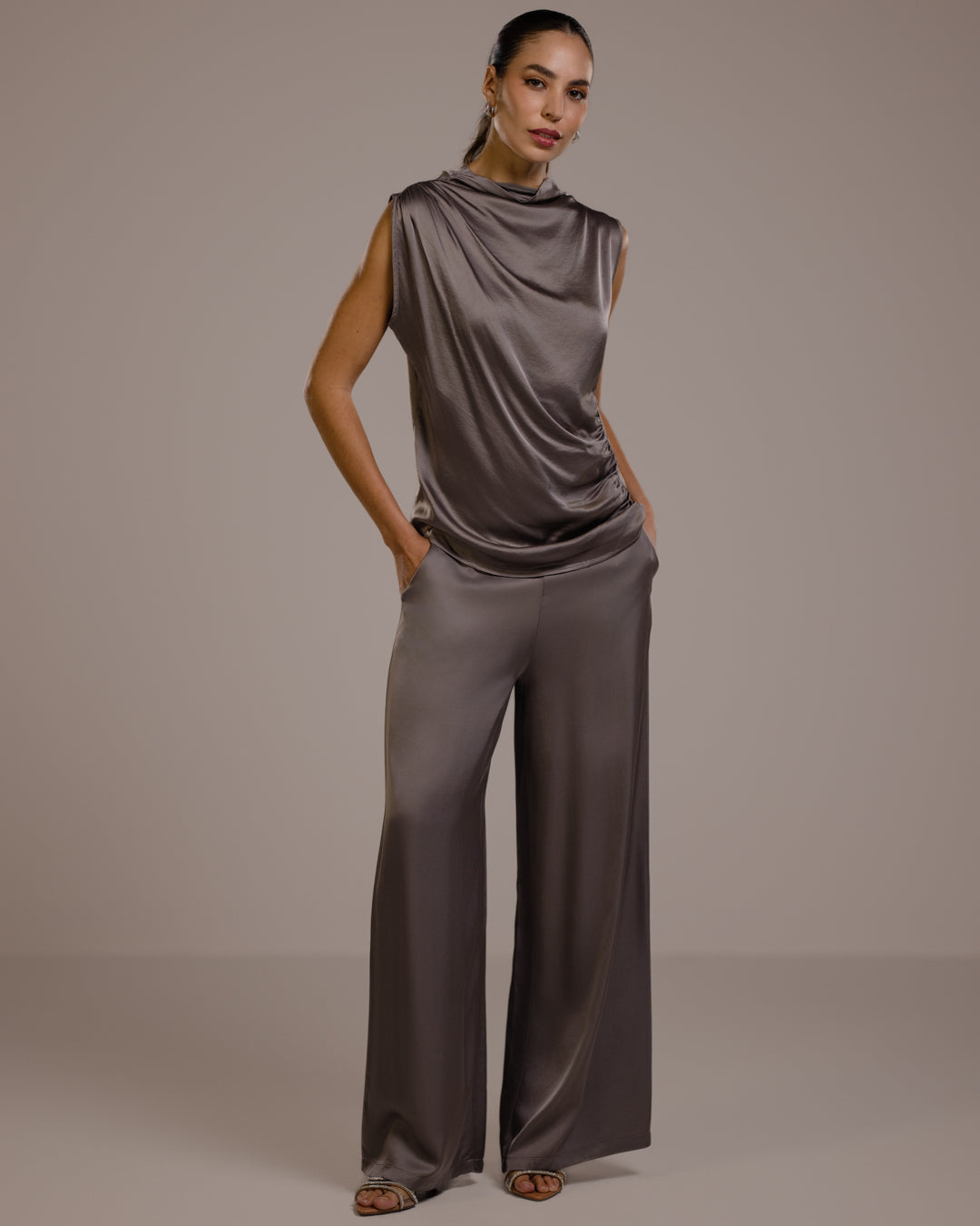 Allegra Draped Satin Sleeveless Top | Mink