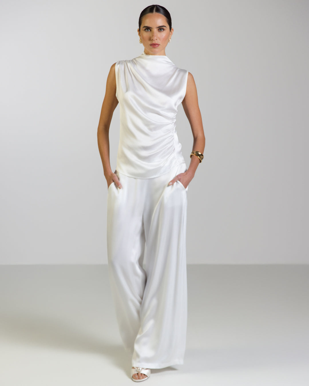 Allegra Draped Satin Sleeveless Top | White
