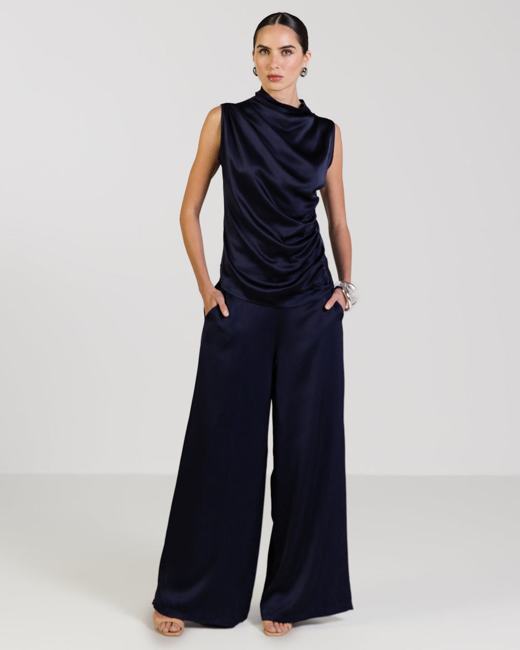 Allegra Draped Satin Sleeveless Top | Navy