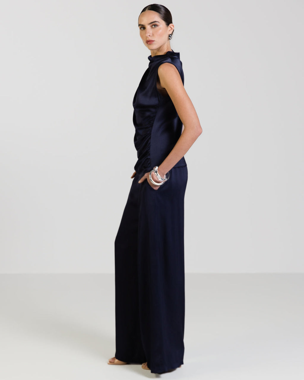Allegra Draped Satin Sleeveless Top | Navy