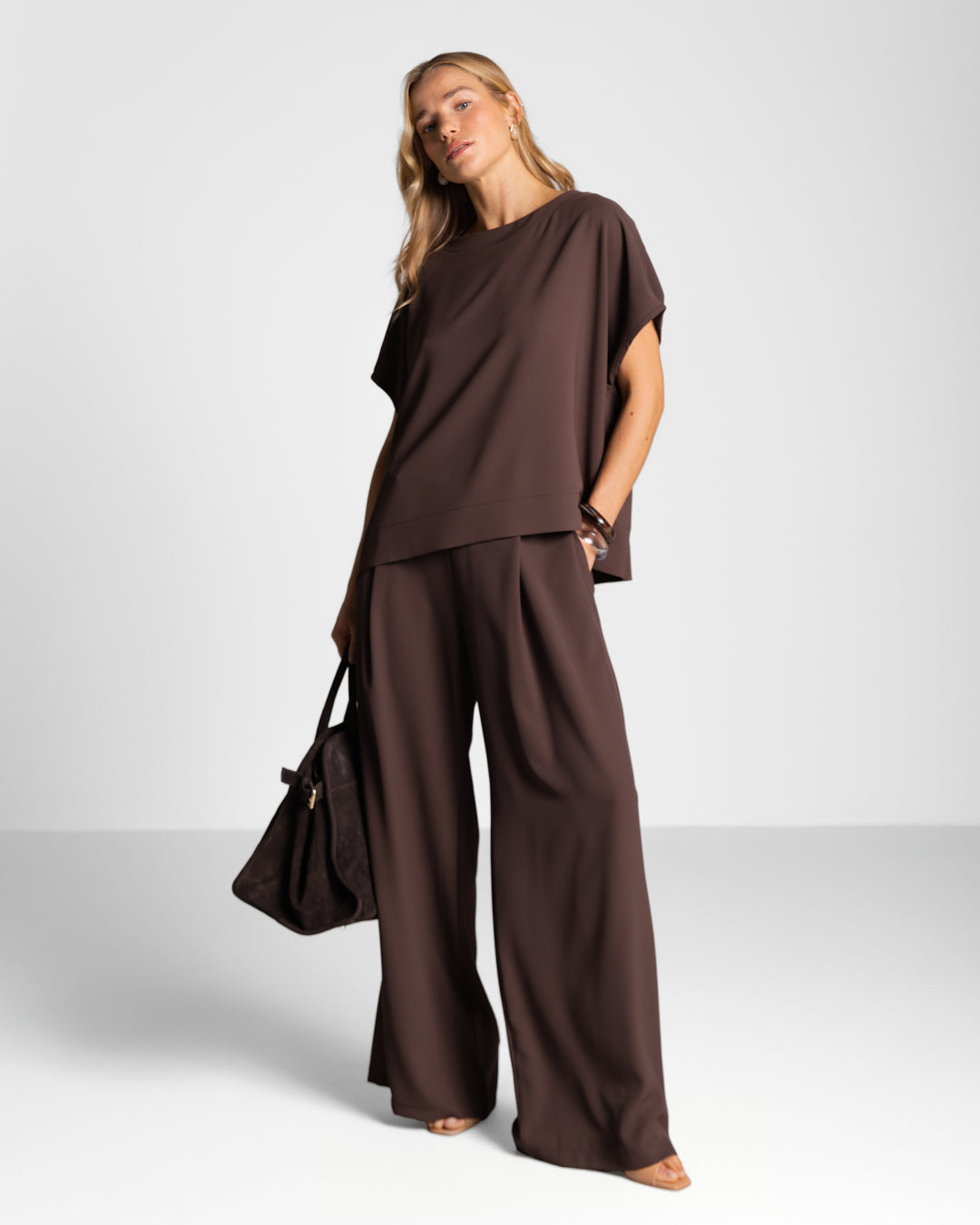 Gabriella Pleated Elastic Waist Trousers | Espresso Brown