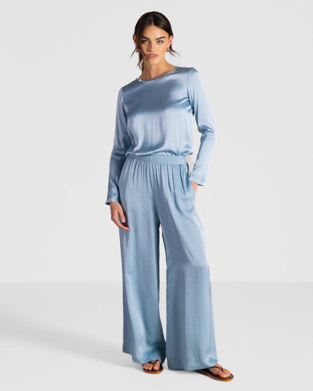 Daisy Elastic Waist Satin Pants | Arctic Blue