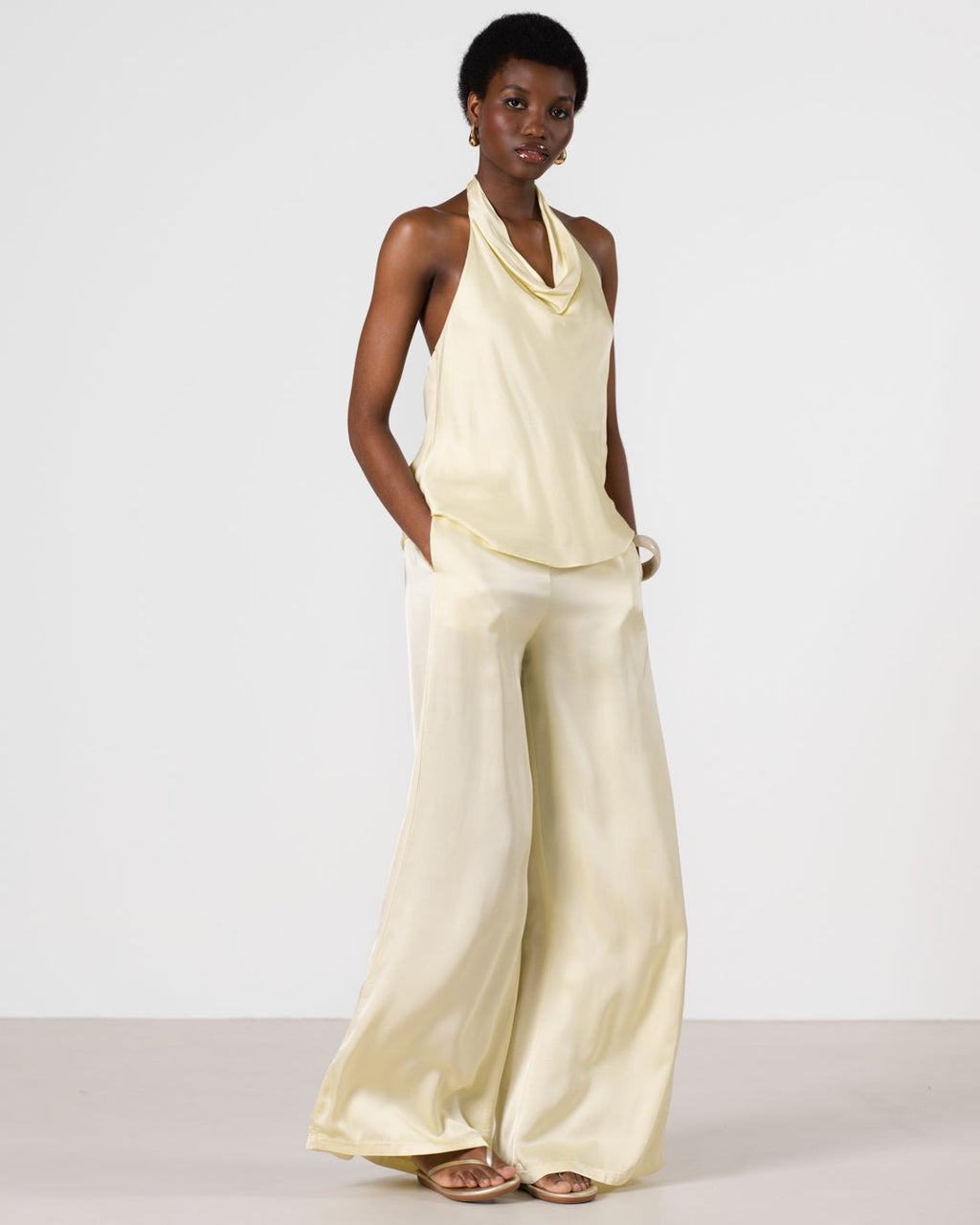 Giselle Elastic High Waist Satin Trousers | Butter Yellow  Jo