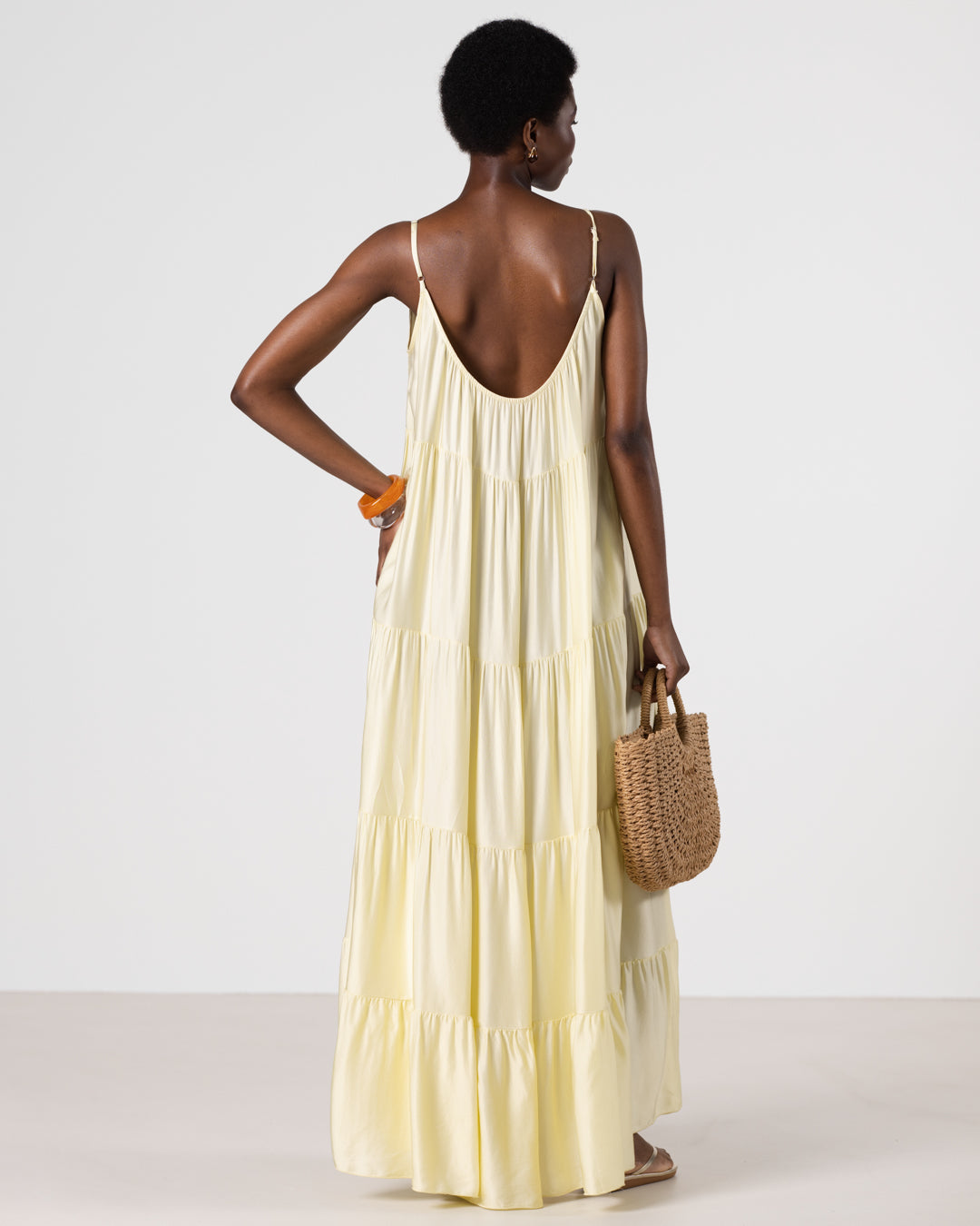 Noelle Strappy Tiered Satin Maxi Dress | Butter Yellow