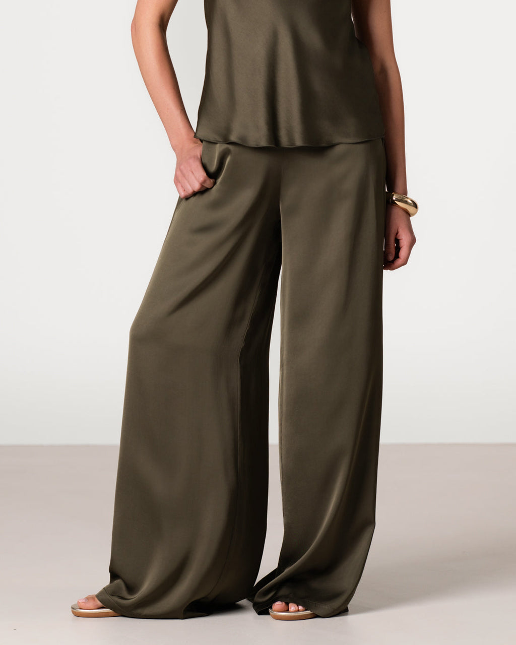 Giselle Elastic High Waist Satin Trousers | Khaki