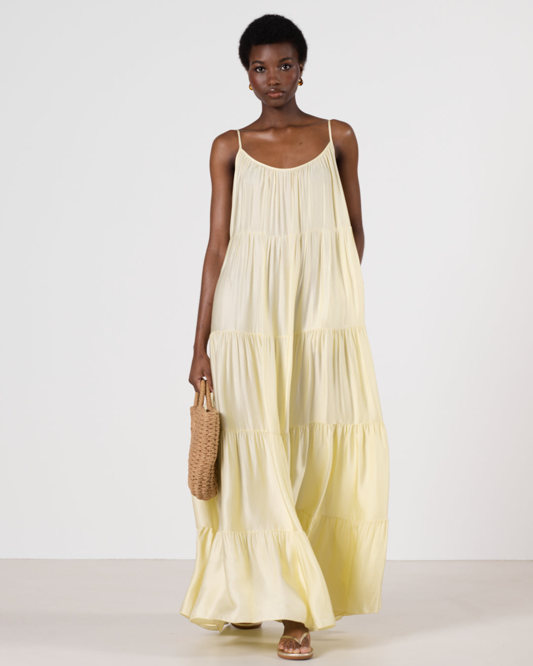 Noelle Strappy Tiered Satin Maxi Dress | Butter Yellow