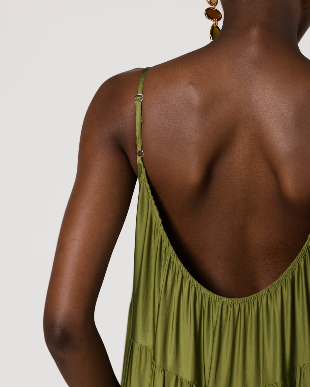 Noelle Strappy Tiered Satin Maxi Dress | Olive Green