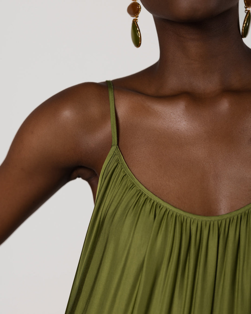 Noelle Strappy Tiered Satin Maxi Dress | Olive Green
