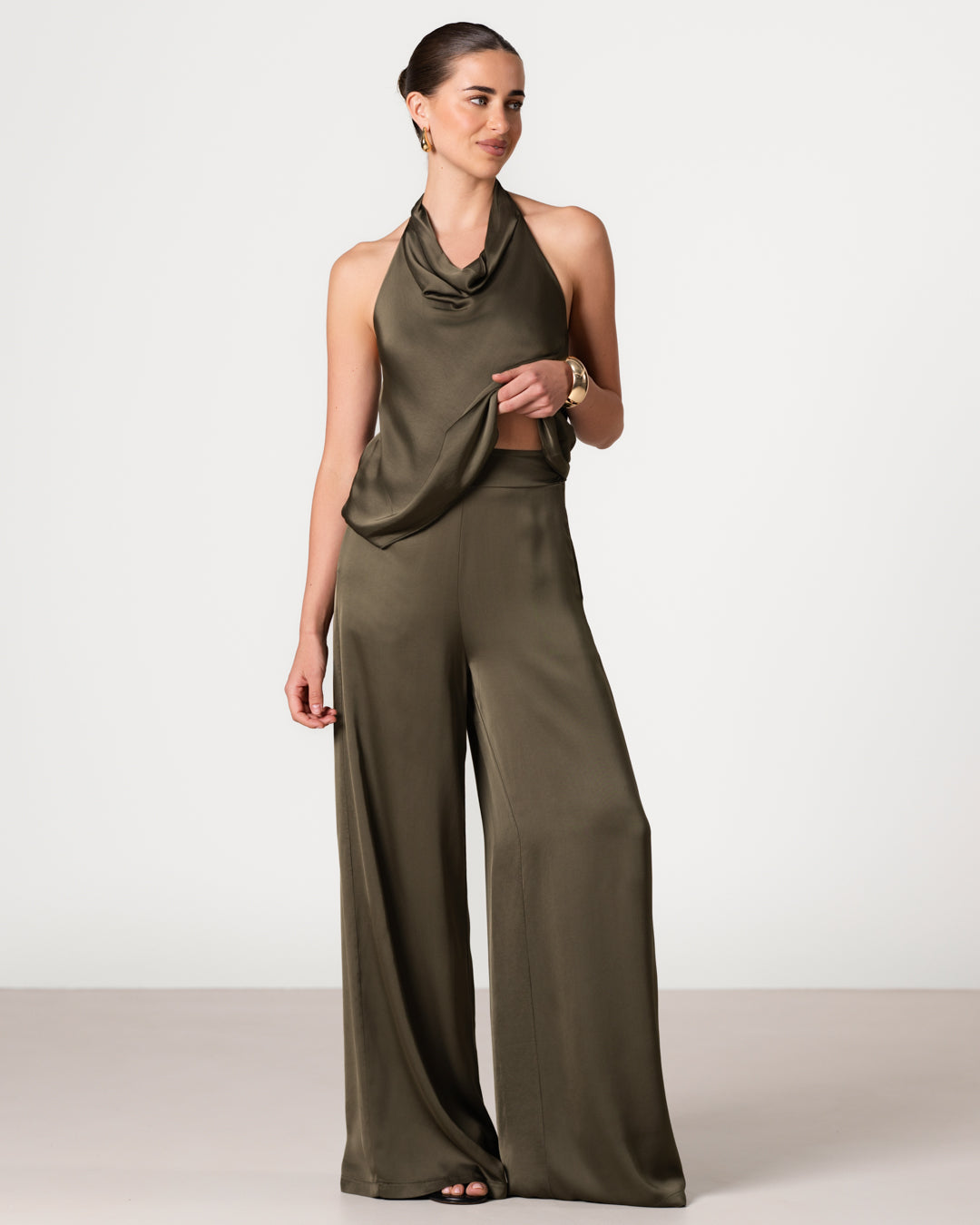Giselle Elastic High Waist Satin Trousers | Khaki