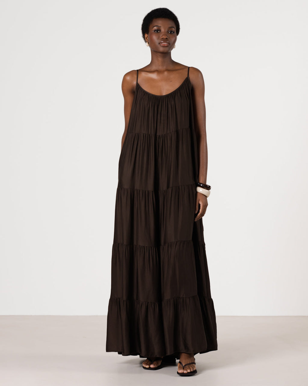 Noelle Strappy Tiered Satin Maxi Dress | Cocoa Soleil