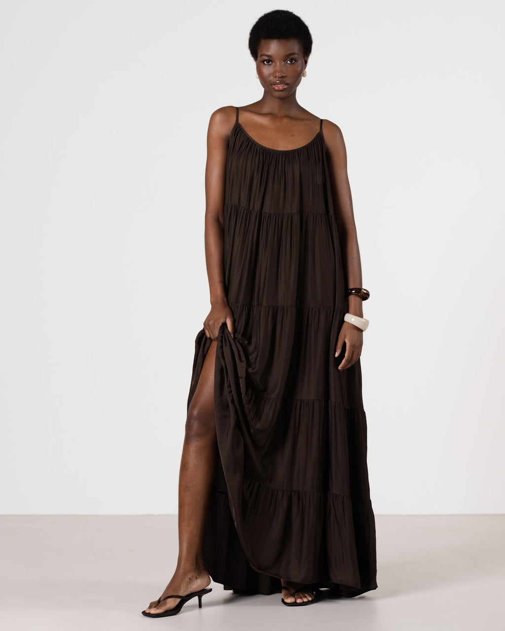 Noelle Strappy Tiered Satin Maxi Dress | Cocoa Soleil