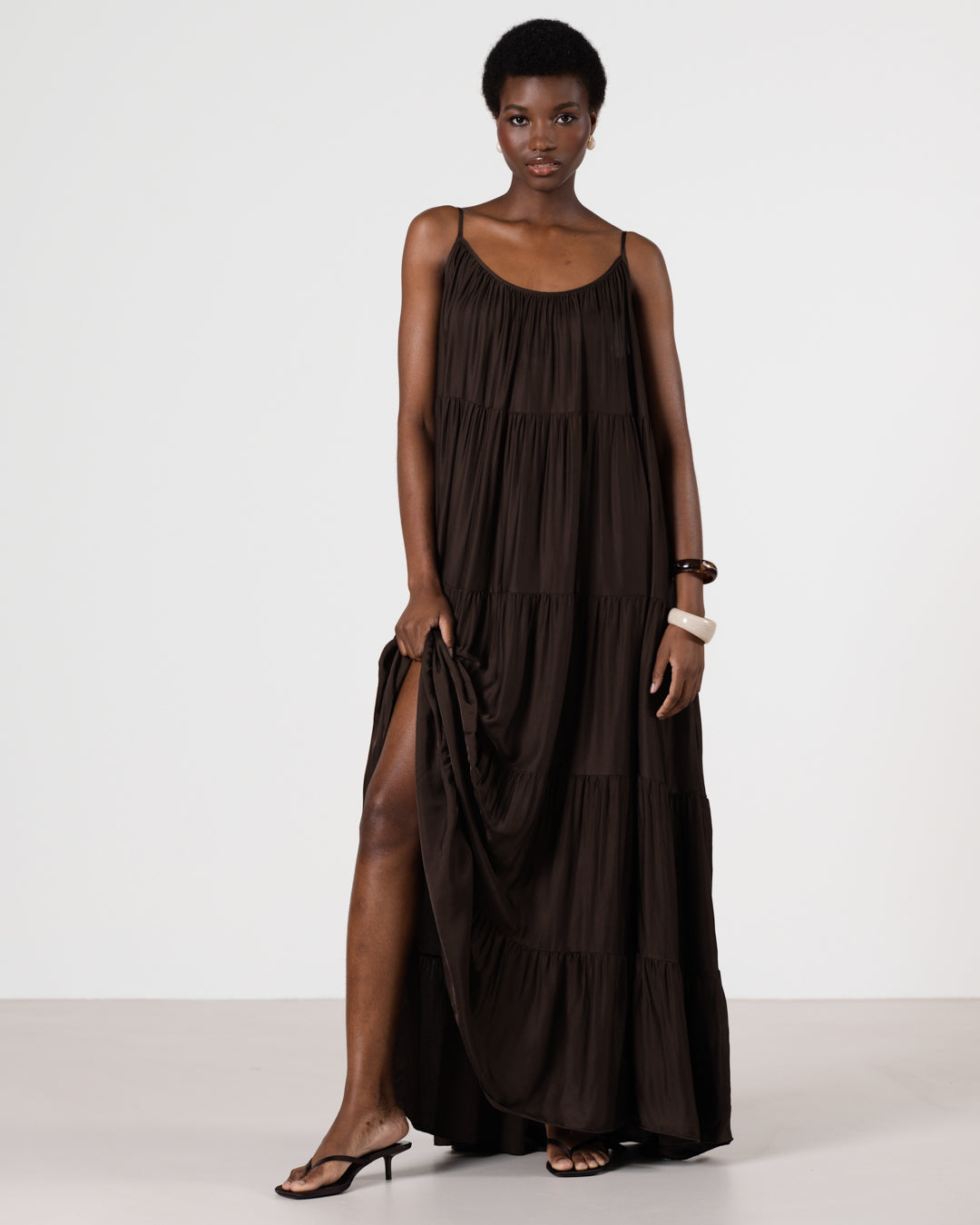 Noelle Strappy Tiered Satin Maxi Dress | Cocoa Soleil