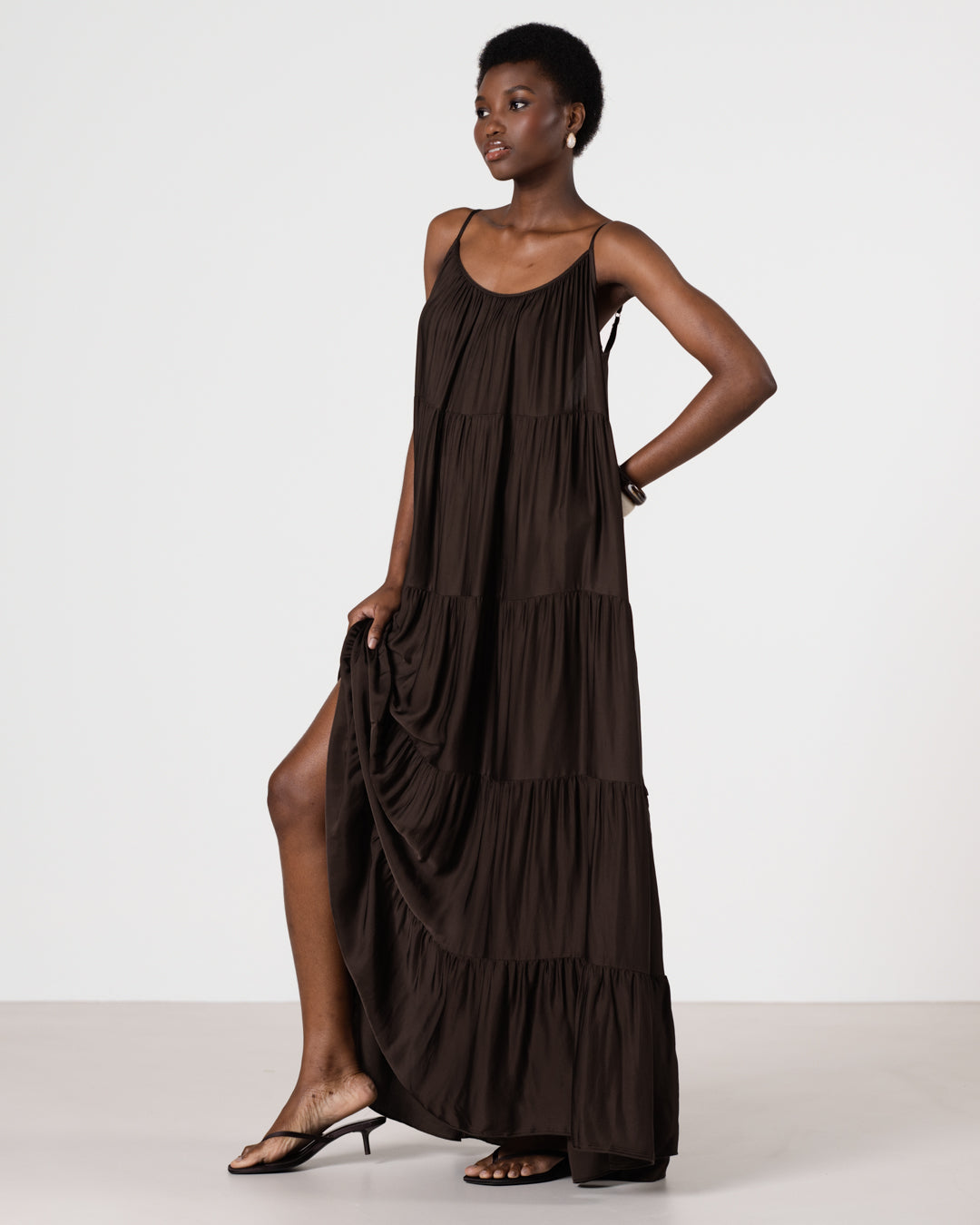 Noelle Strappy Tiered Satin Maxi Dress | Cocoa Soleil
