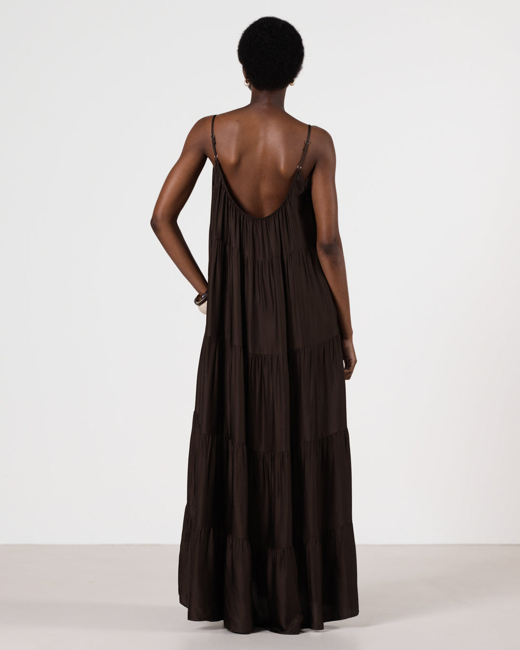 Noelle Strappy Tiered Satin Maxi Dress | Cocoa Soleil