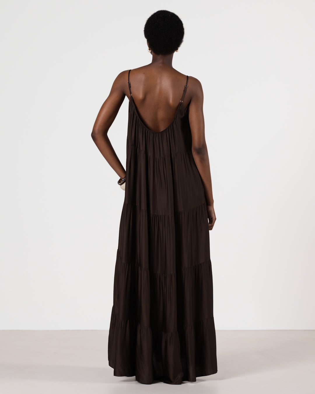 Noelle Strappy Tiered Satin Maxi Dress | Cocoa Soleil