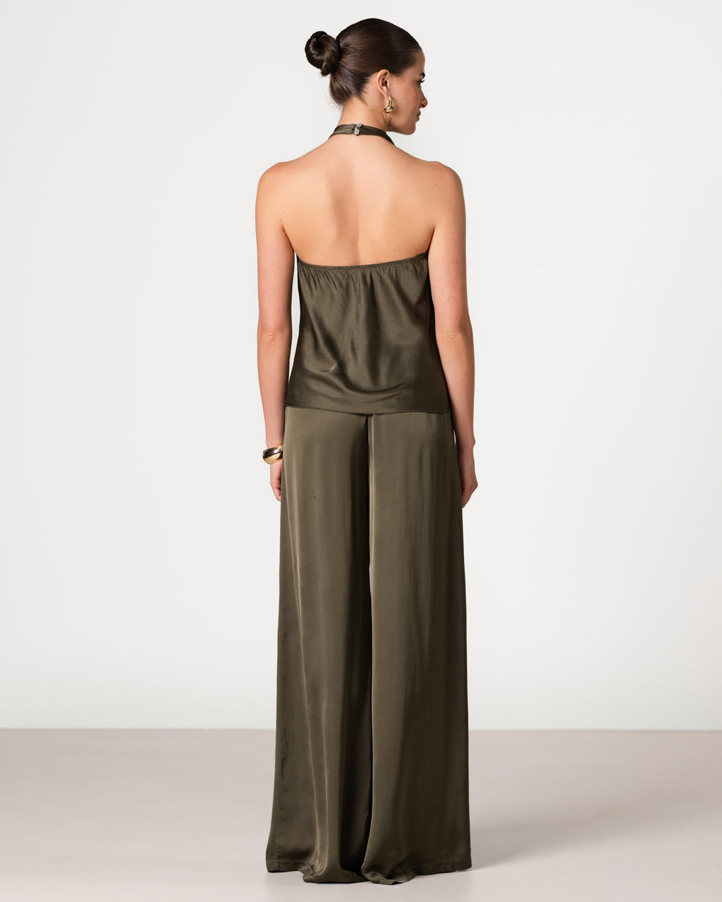 Giselle Elastic High Waist Satin Trousers | Khaki