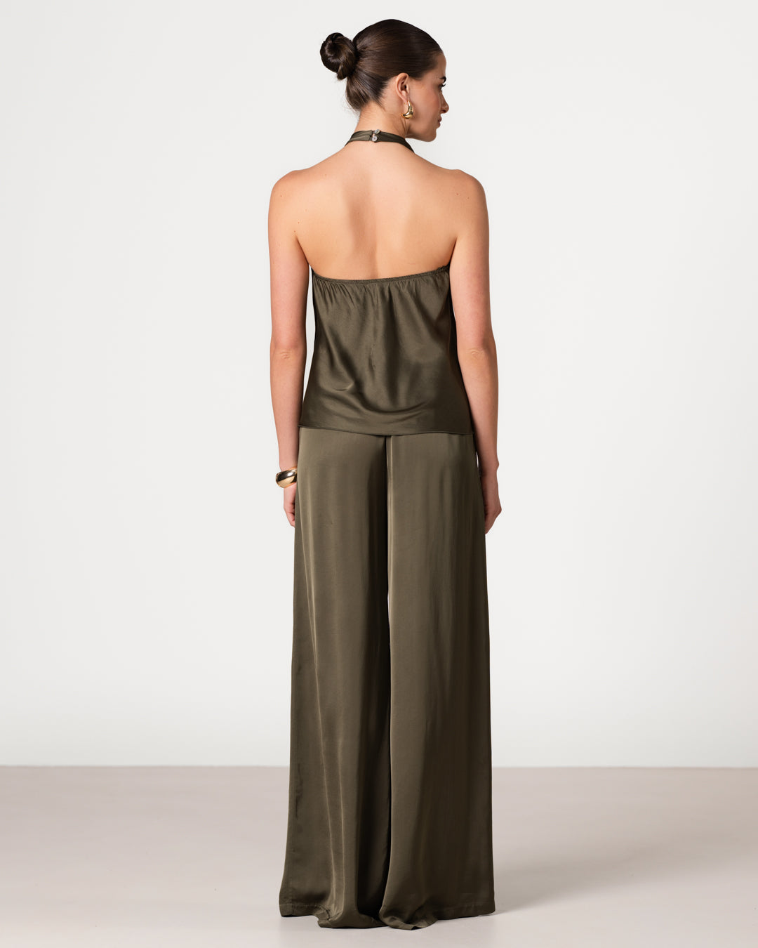 Giselle Elastic High Waist Satin Trousers | Khaki