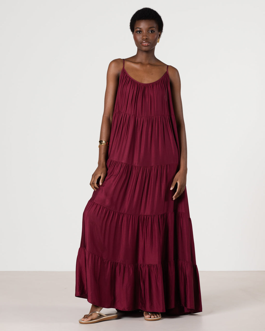 Noelle Strappy Tiered Satin Maxi Dress | Dark Cherry