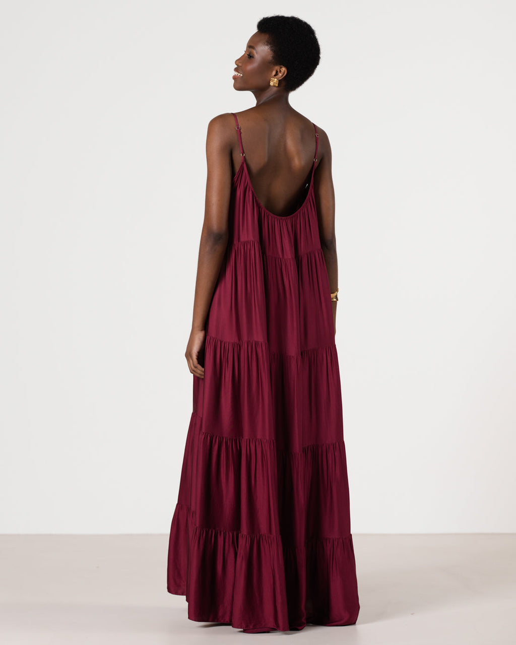 Noelle Strappy Tiered Satin Maxi Dress | Dark Cherry