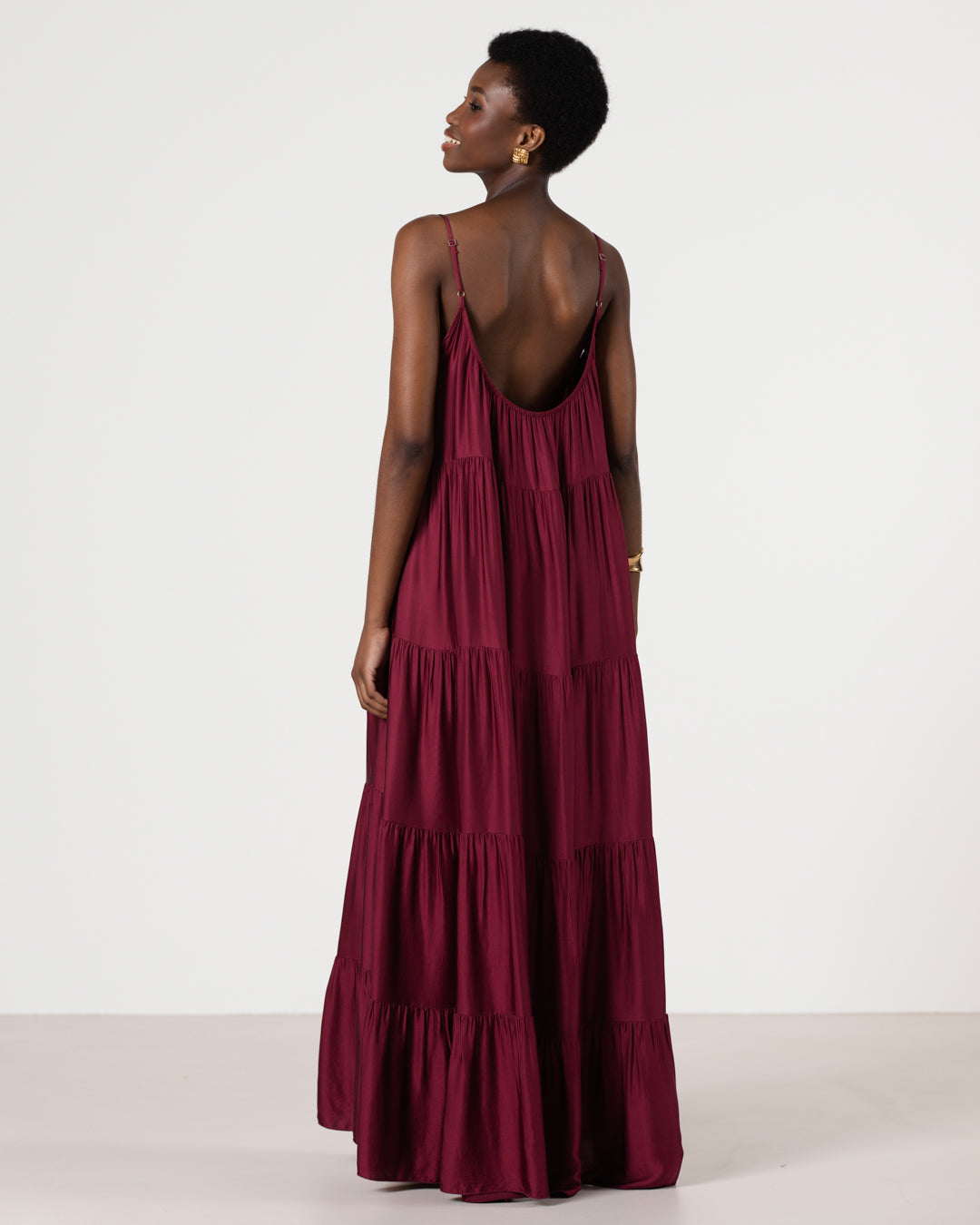 Noelle Strappy Tiered Satin Maxi Dress | Dark Cherry