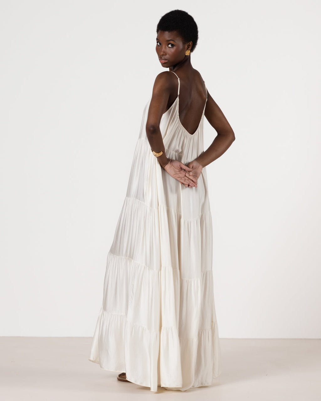 Noelle Strappy Tiered Satin Maxi Dress | Ivory