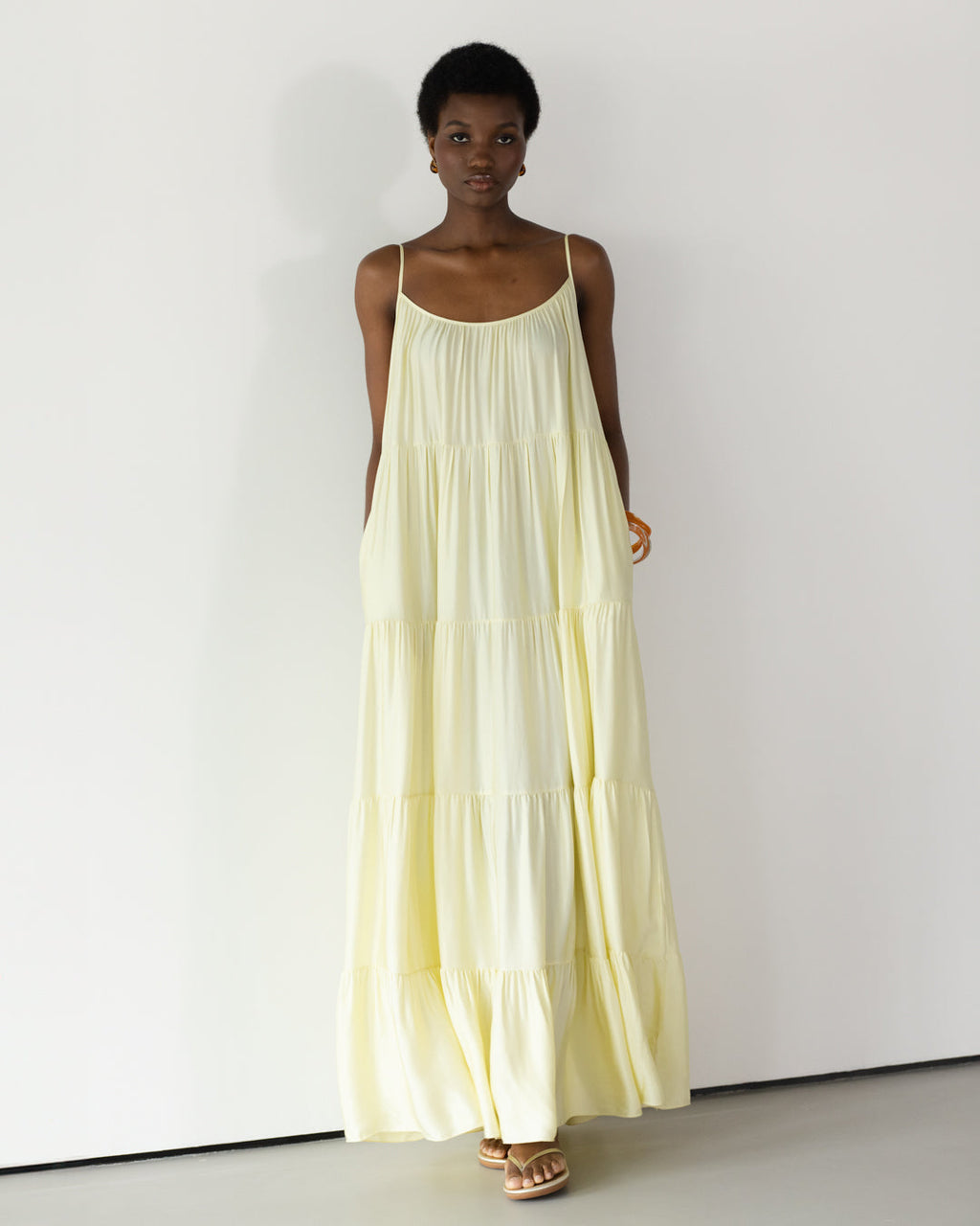 Noelle Strappy Tiered Satin Maxi Dress | Butter Yellow