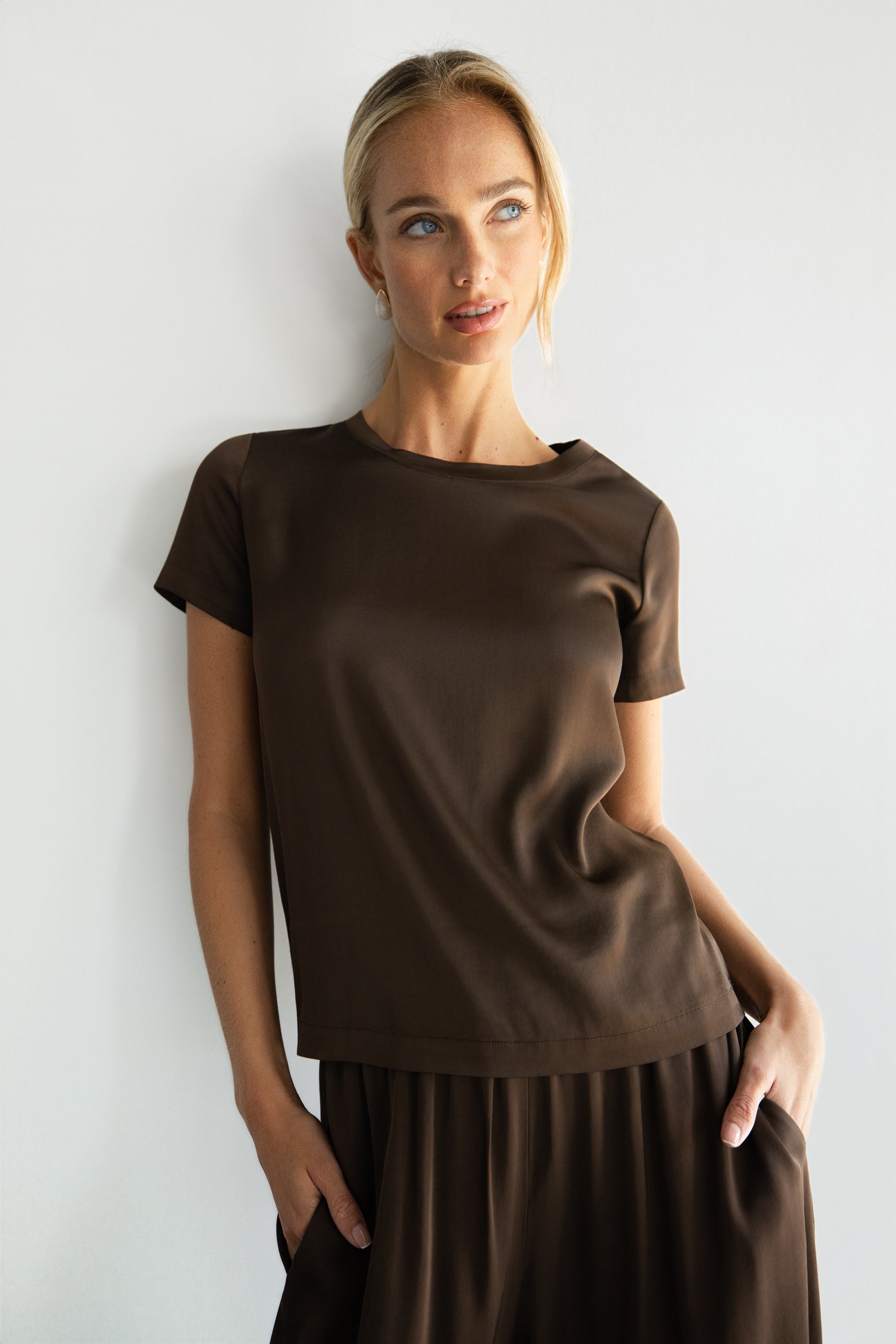 Matilda Satin T-Shirt | Chocolate Brown