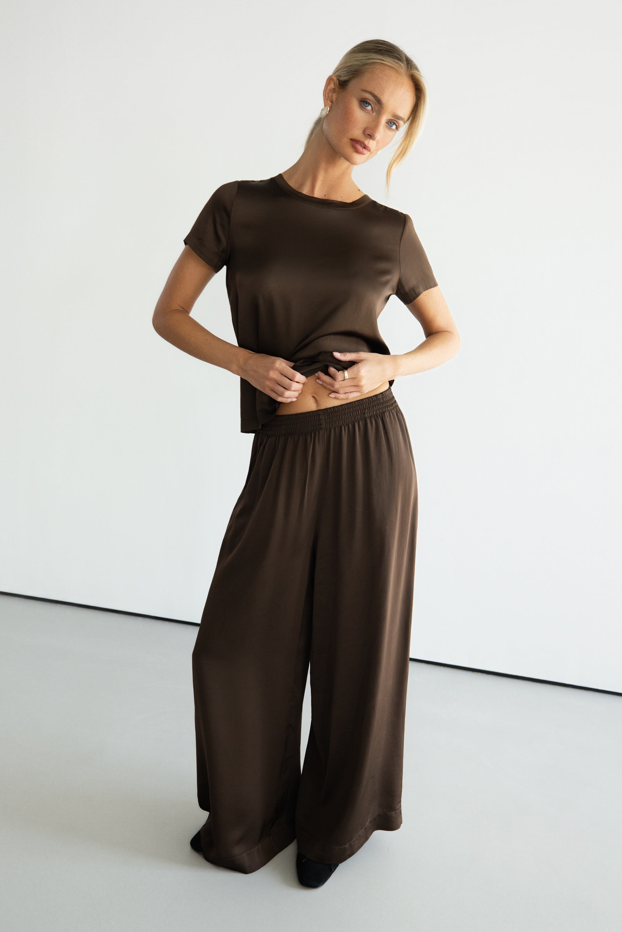 Daisy Elastic Waist Satin Pants | Chocolate Brown