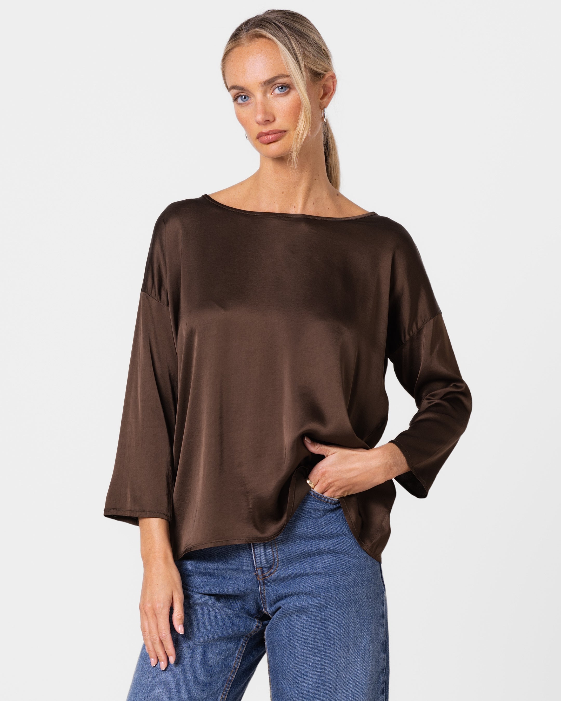 Georgiana Lightweight Satin Top | Chocolate Brown
