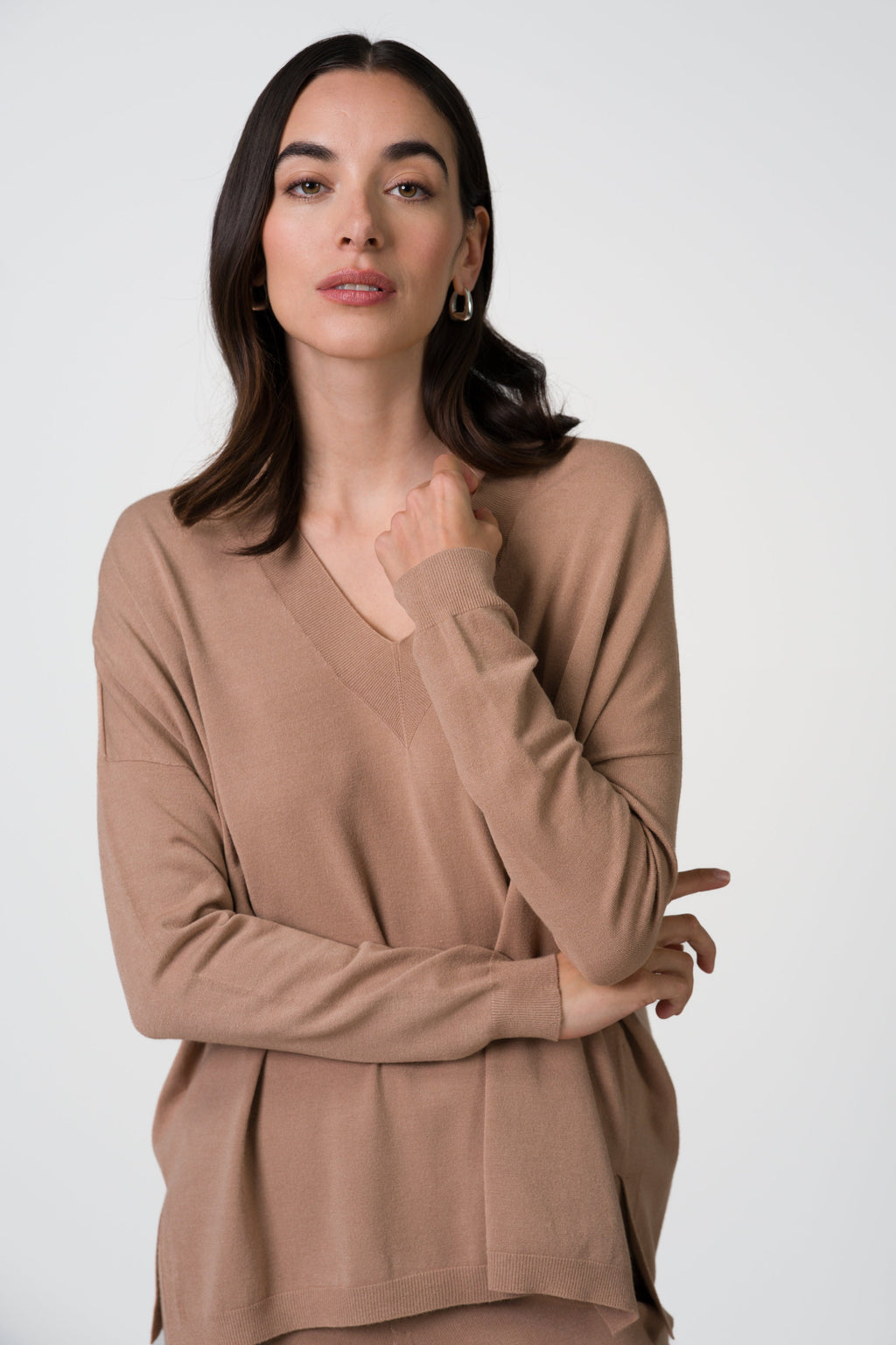 Layla V Neck Sweater | Chestnut Brown | Fine Knit