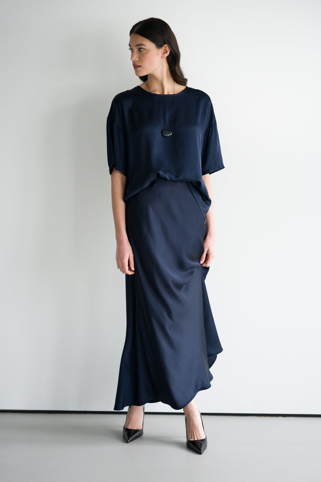 Camilla Bias Satin Skirt | Navy