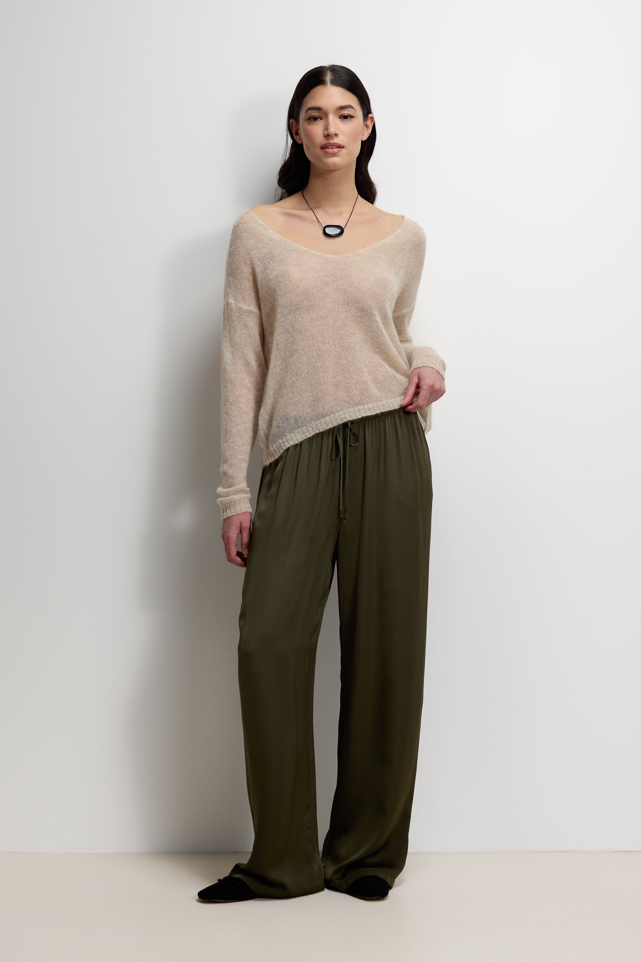 Corin Elastic Waist Satin Trousers | Khaki