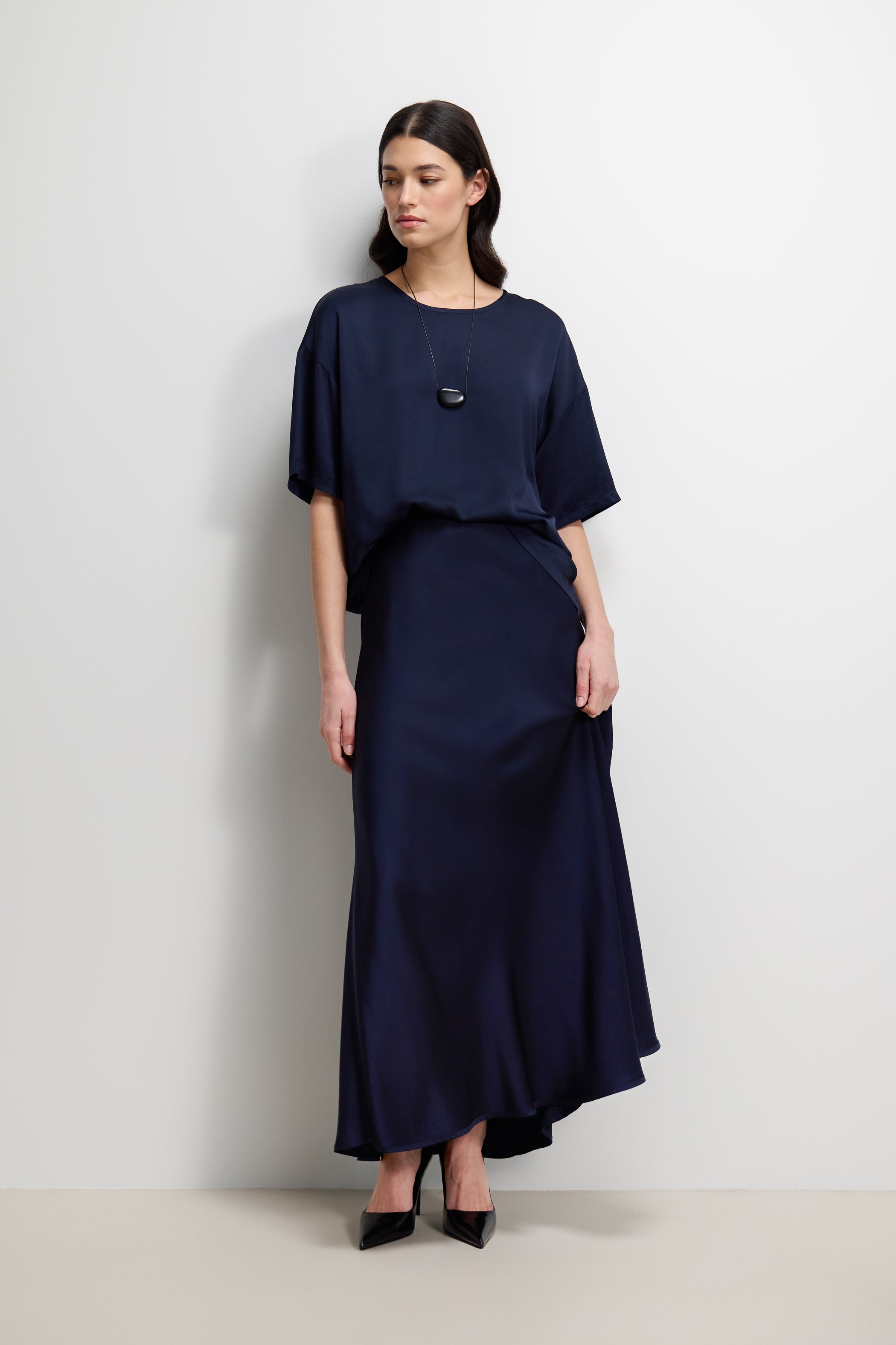 Camilla Bias Satin Skirt | Navy