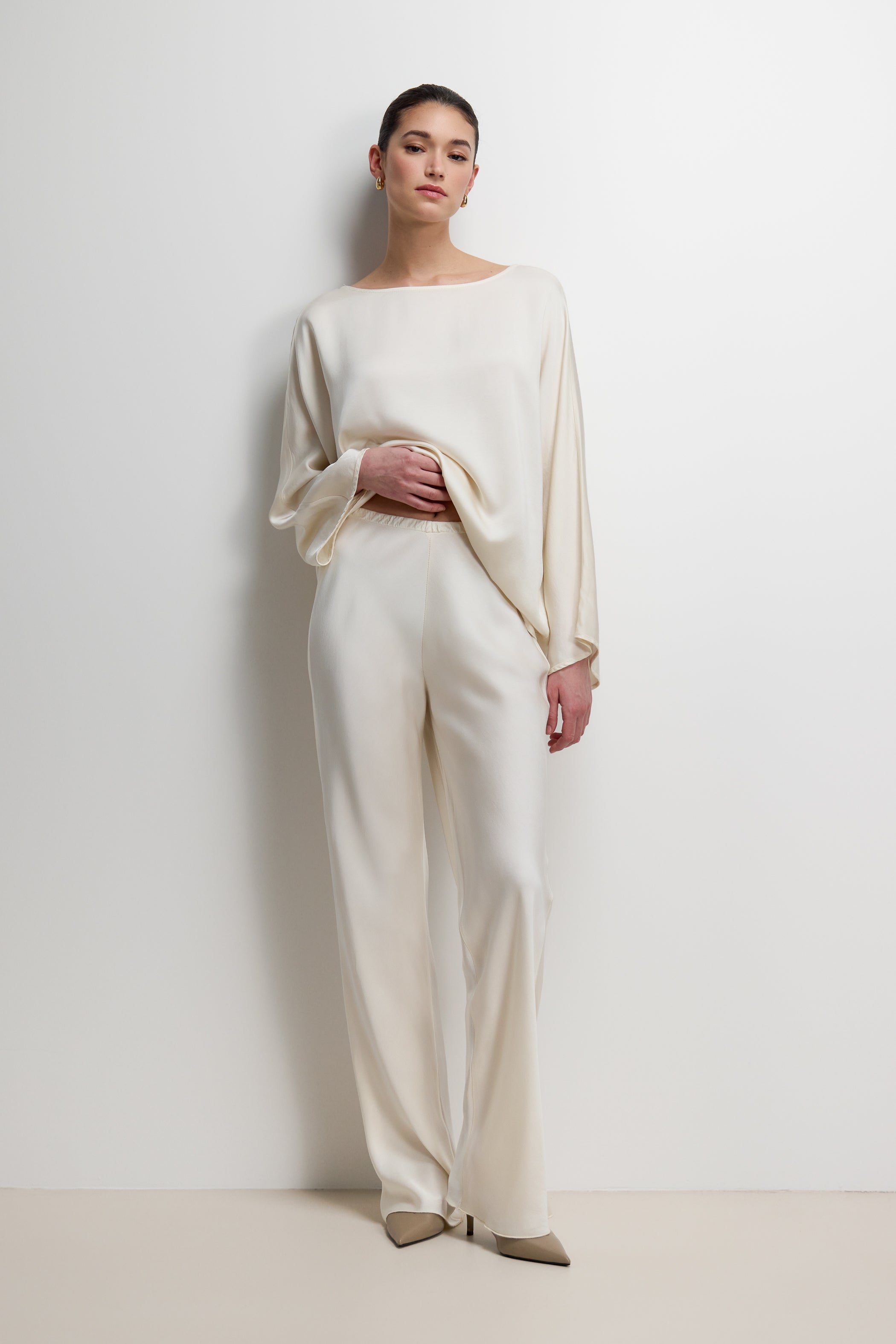 Genet Elastic Waist Bias Satin Trousers | Ivory