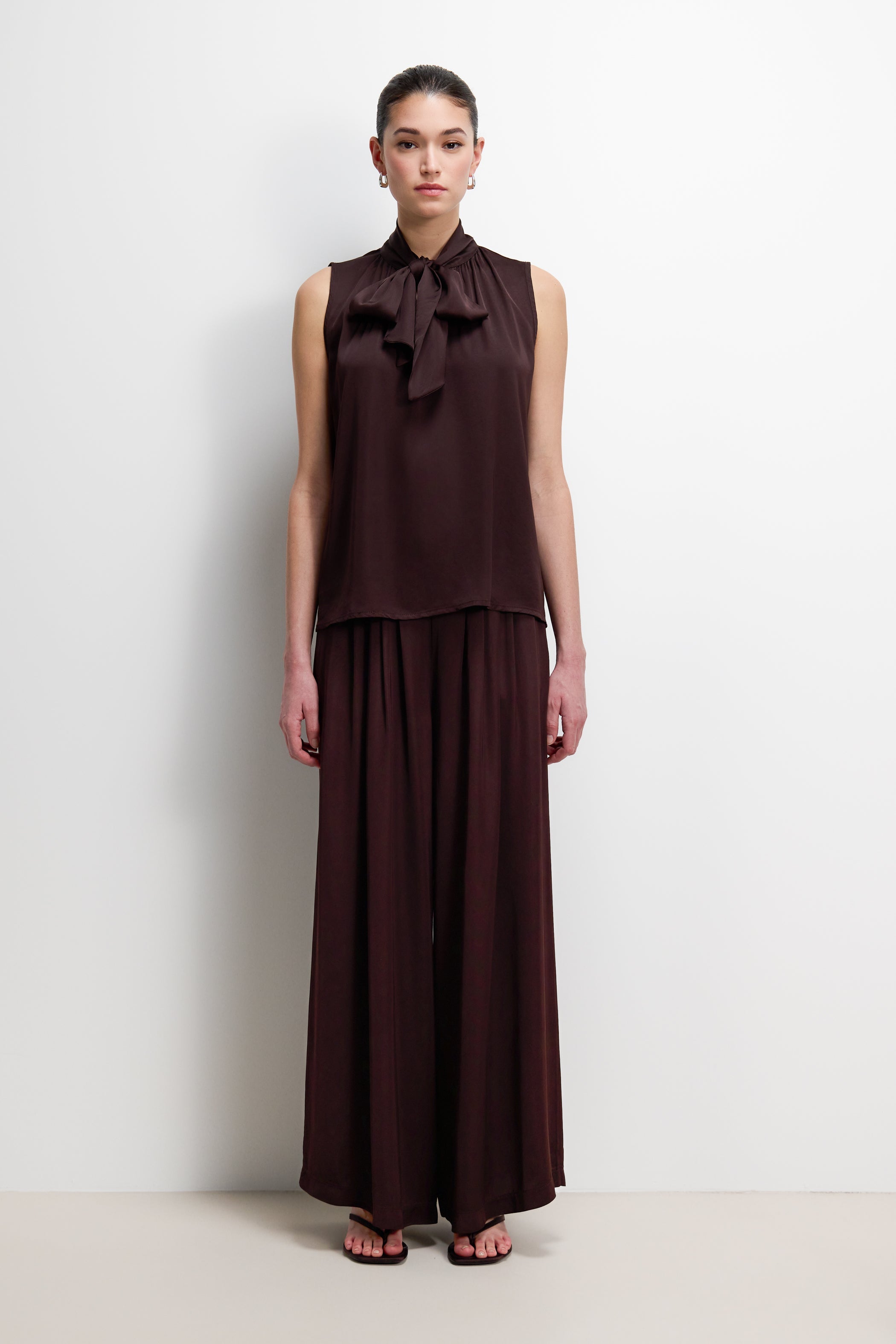 Lyanne Bow Neck Tie Blouse | Espresso Brown Moire