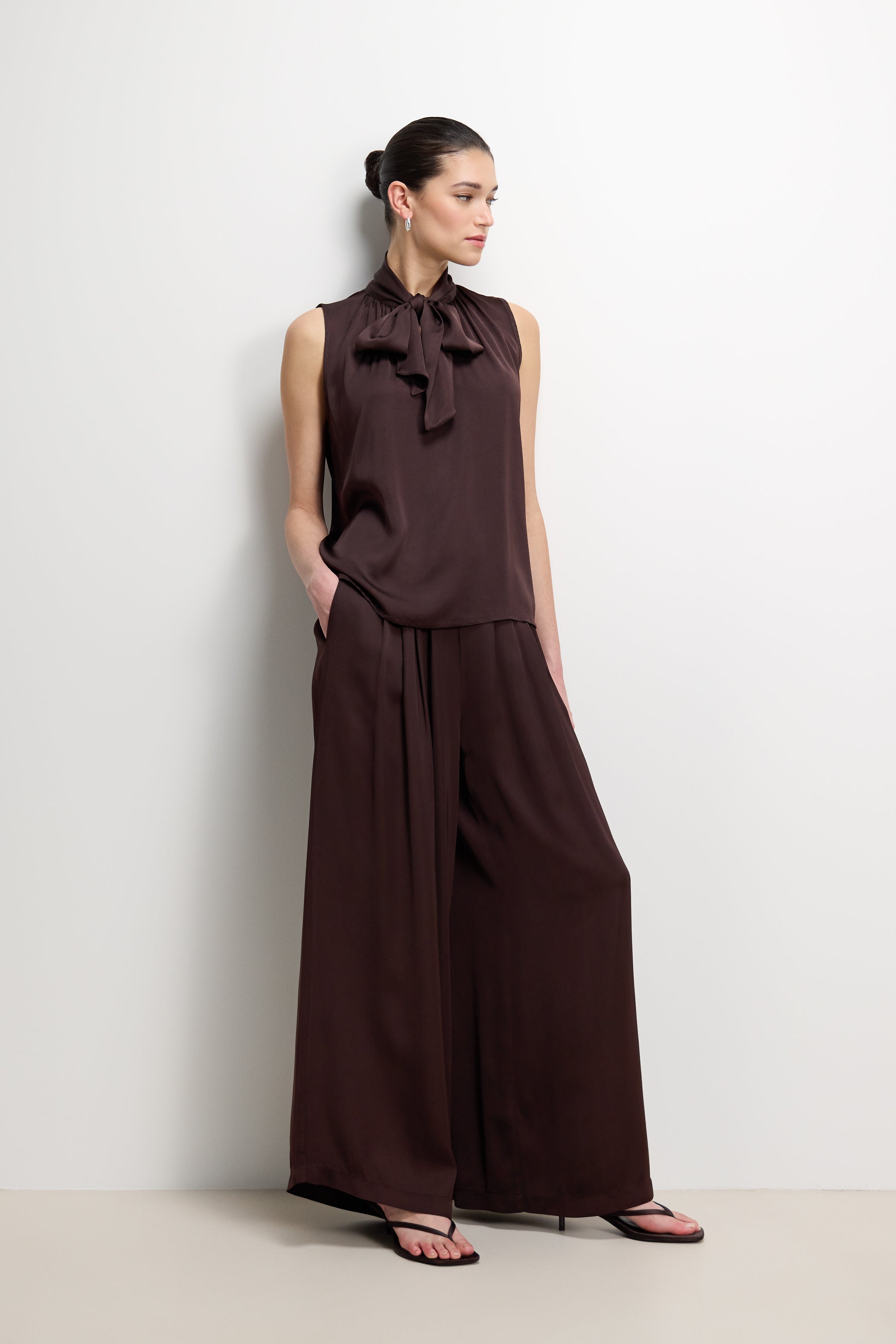 Lyanne Bow Neck Tie Blouse | Espresso Brown Moire