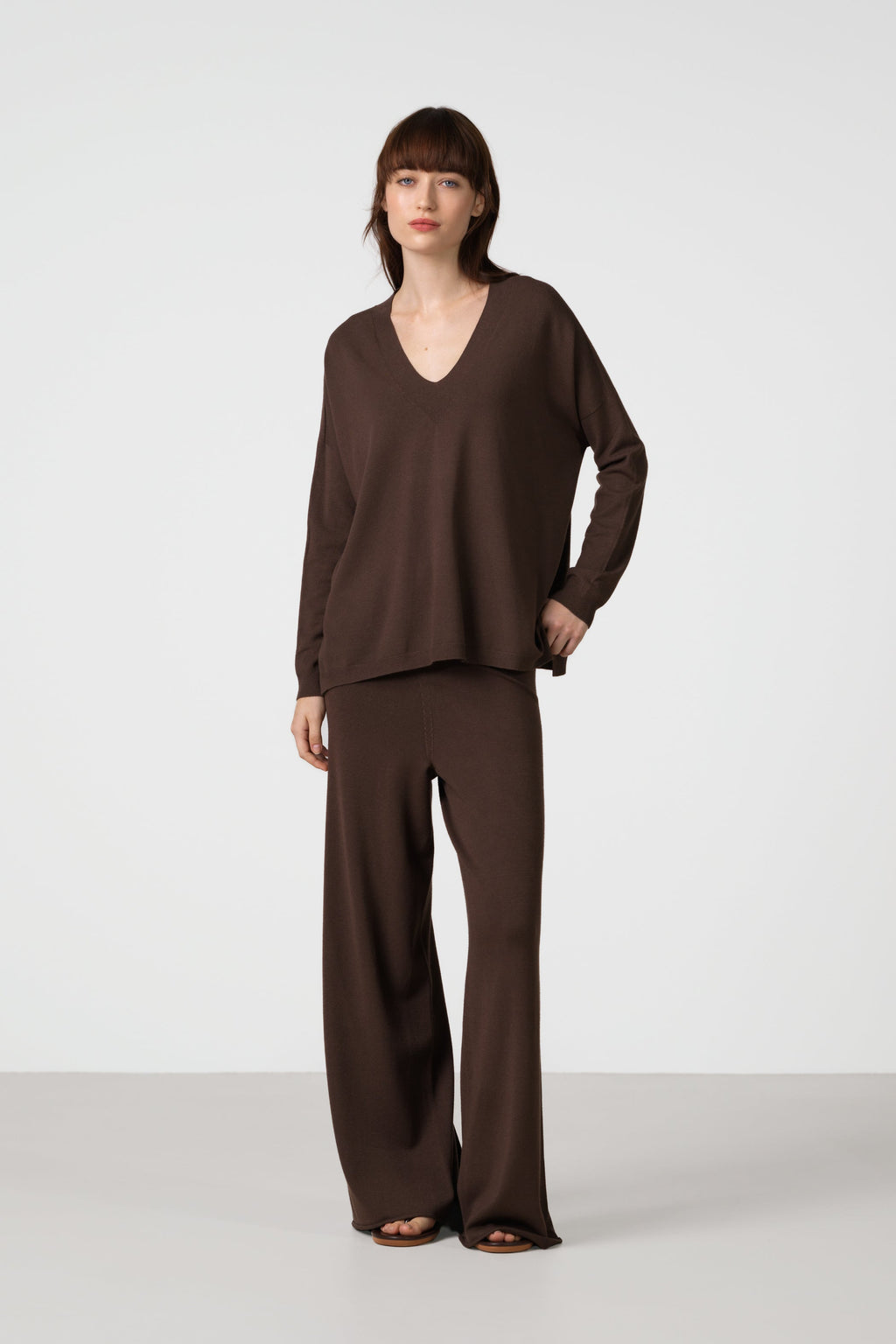 Layla V Neck Sweater | Chocolate Brown | Fine Knit