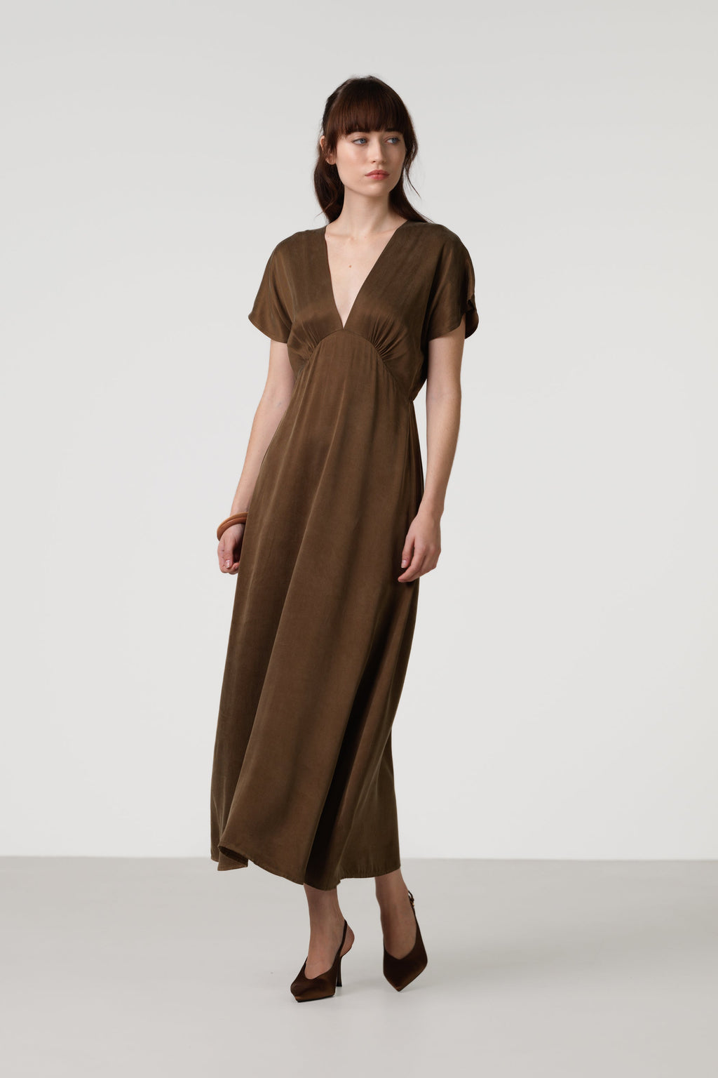 Cressida V Neck Cupro Dress | Chestnut Brown