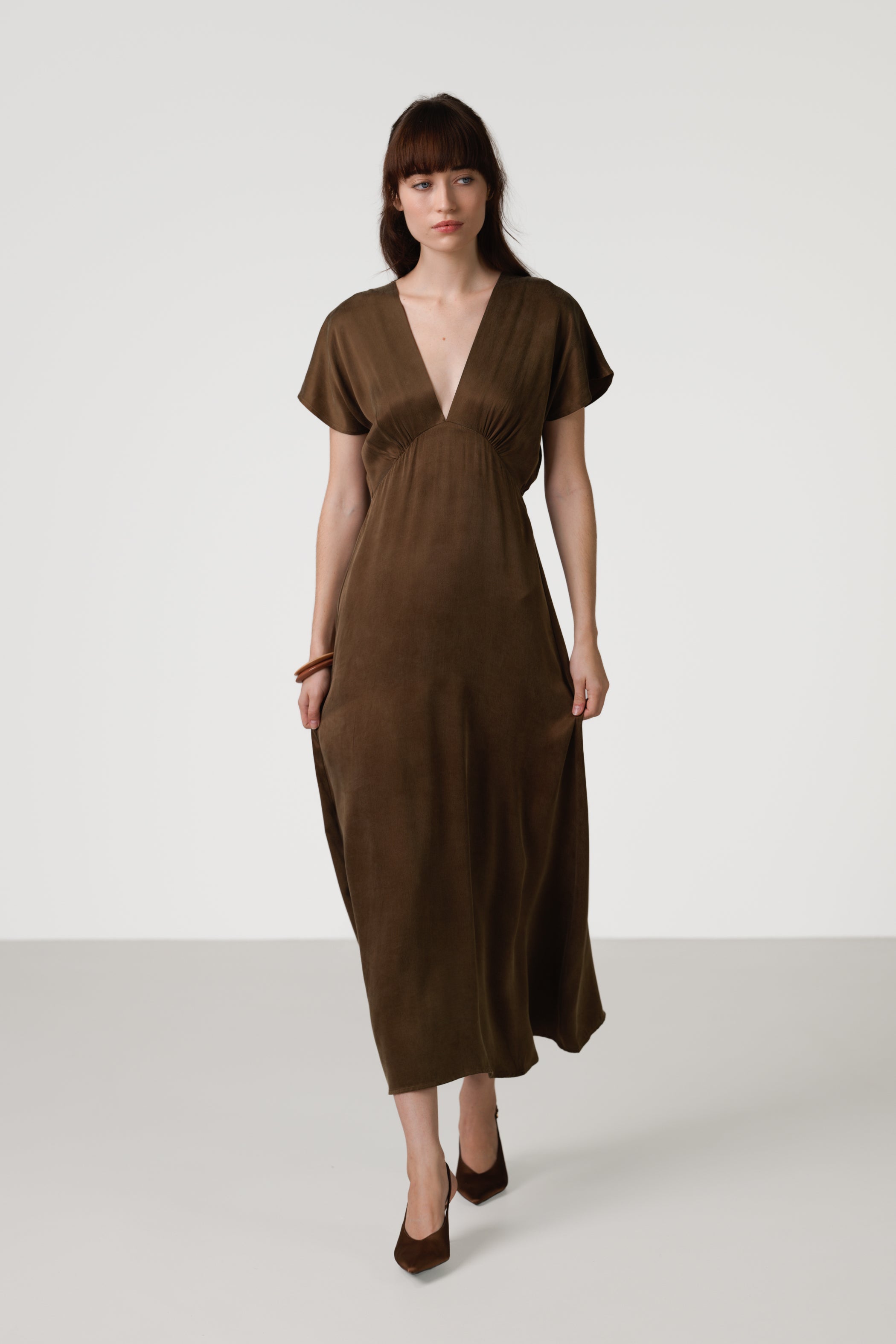 Cressida V Neck Cupro Dress | Chestnut Brown