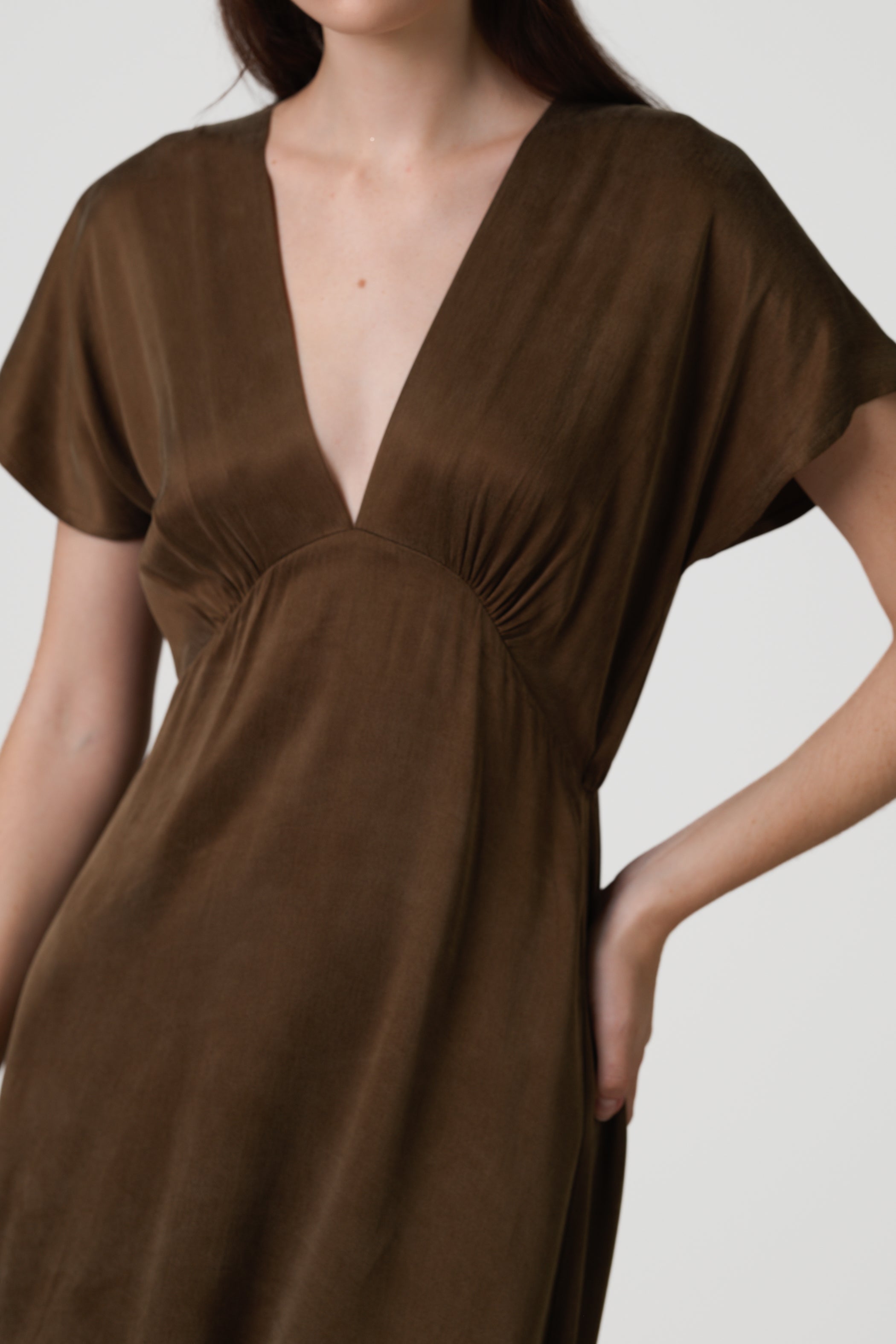 Cressida V Neck Cupro Dress | Chestnut Brown