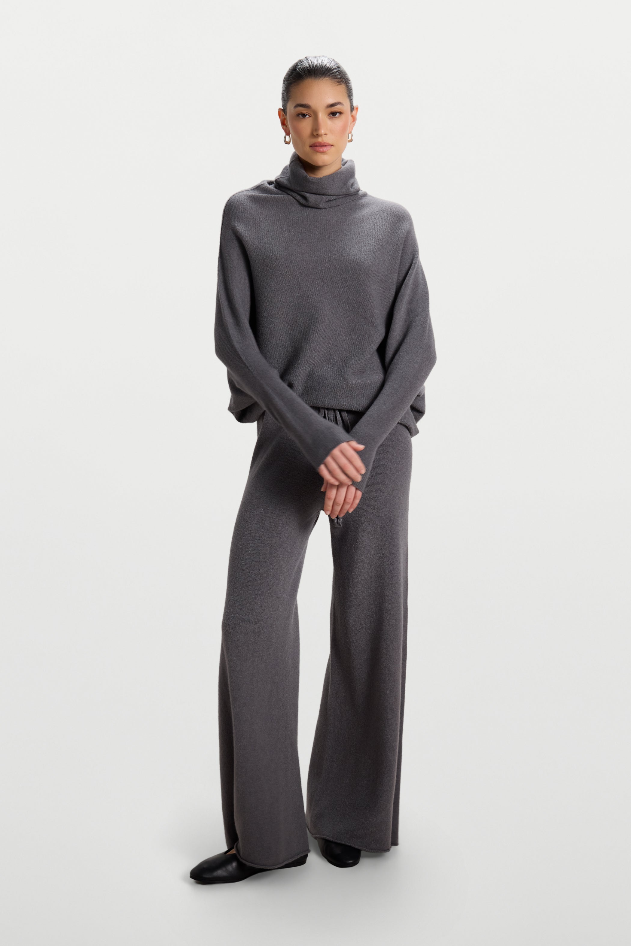 Asymmetric Draped Roll Neck | Charcoal | Seamless Knit