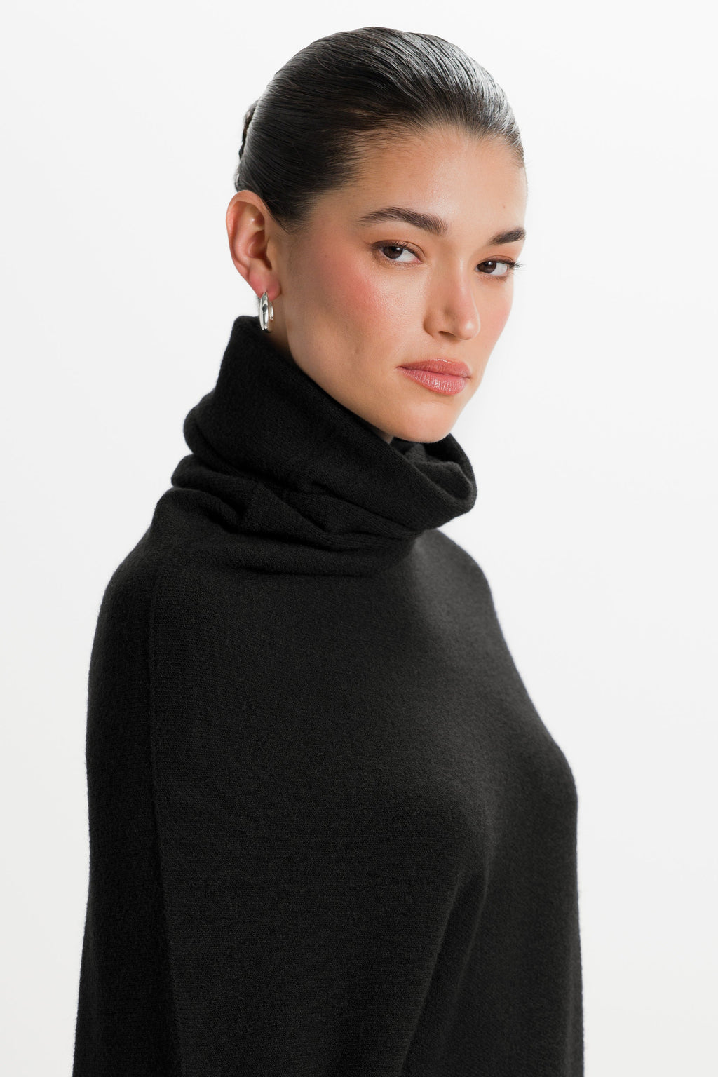 Asymmetric Draped Roll Neck | Black | Seamless Knit